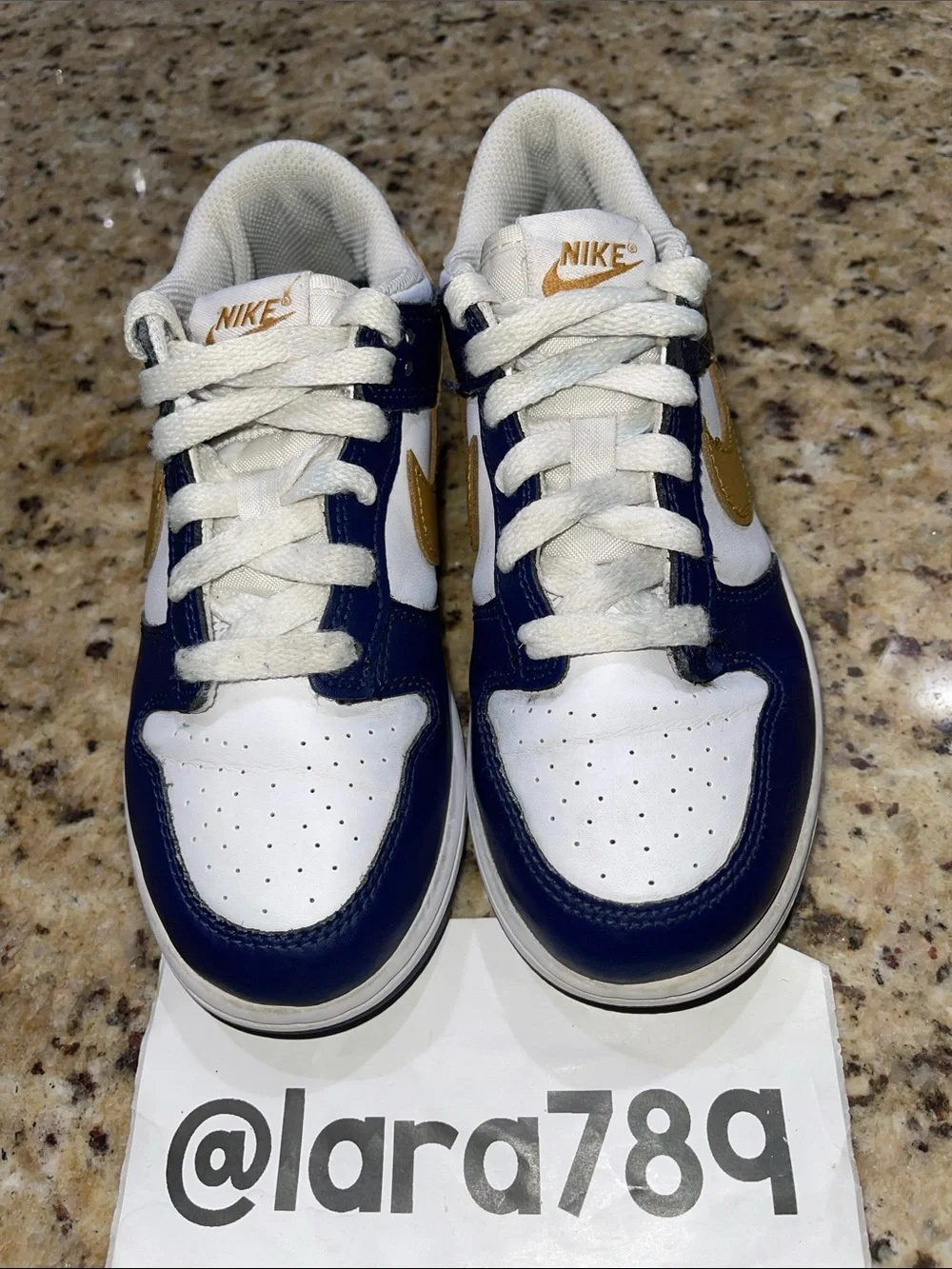 Nike Dunk Low Top Sneakers in White, Navy & Gold